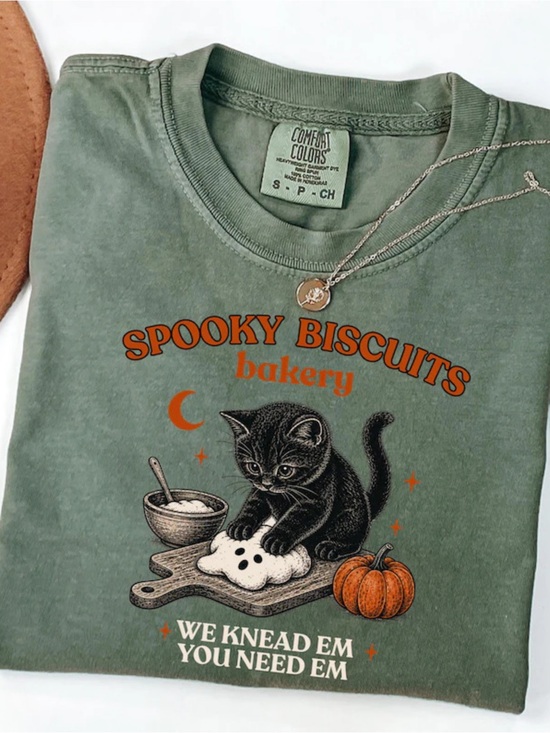 Comfort Colors Tops - Comfort Colors Moss Green "Spooky Biscuits Bakery" Cat Graphic Tee